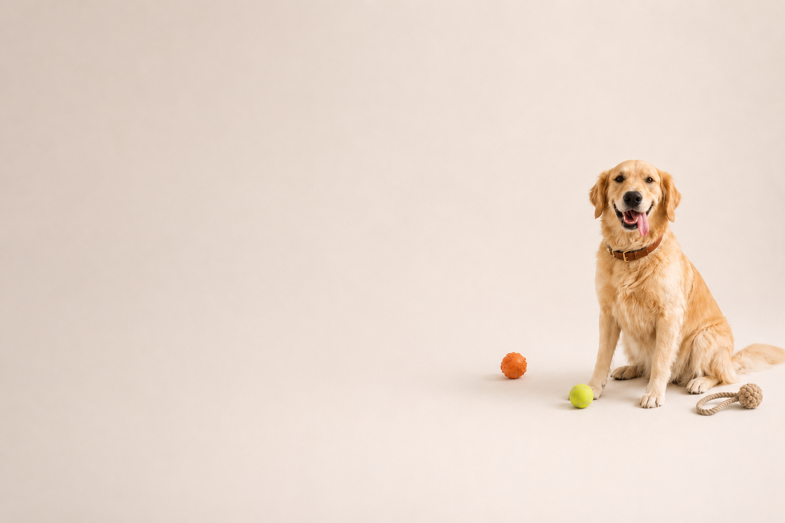 A happy golden retriever sitting with favourite toys